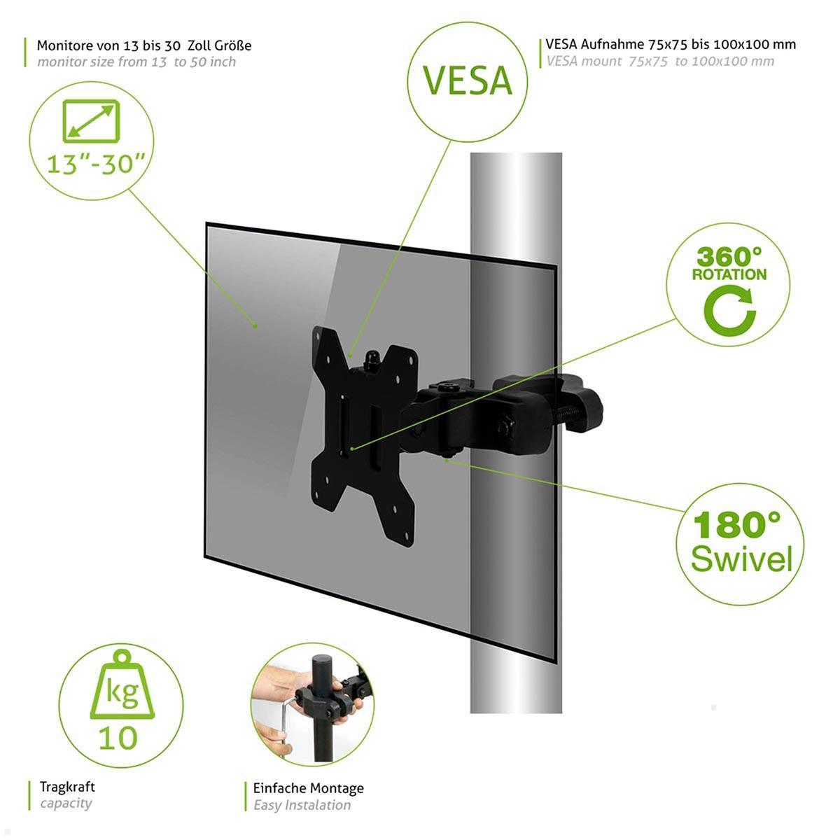 MonLines MRH001 Monitorhalterung für Rohre (28-60 mm) bis 10 kg VESA 75/100 Funktionen