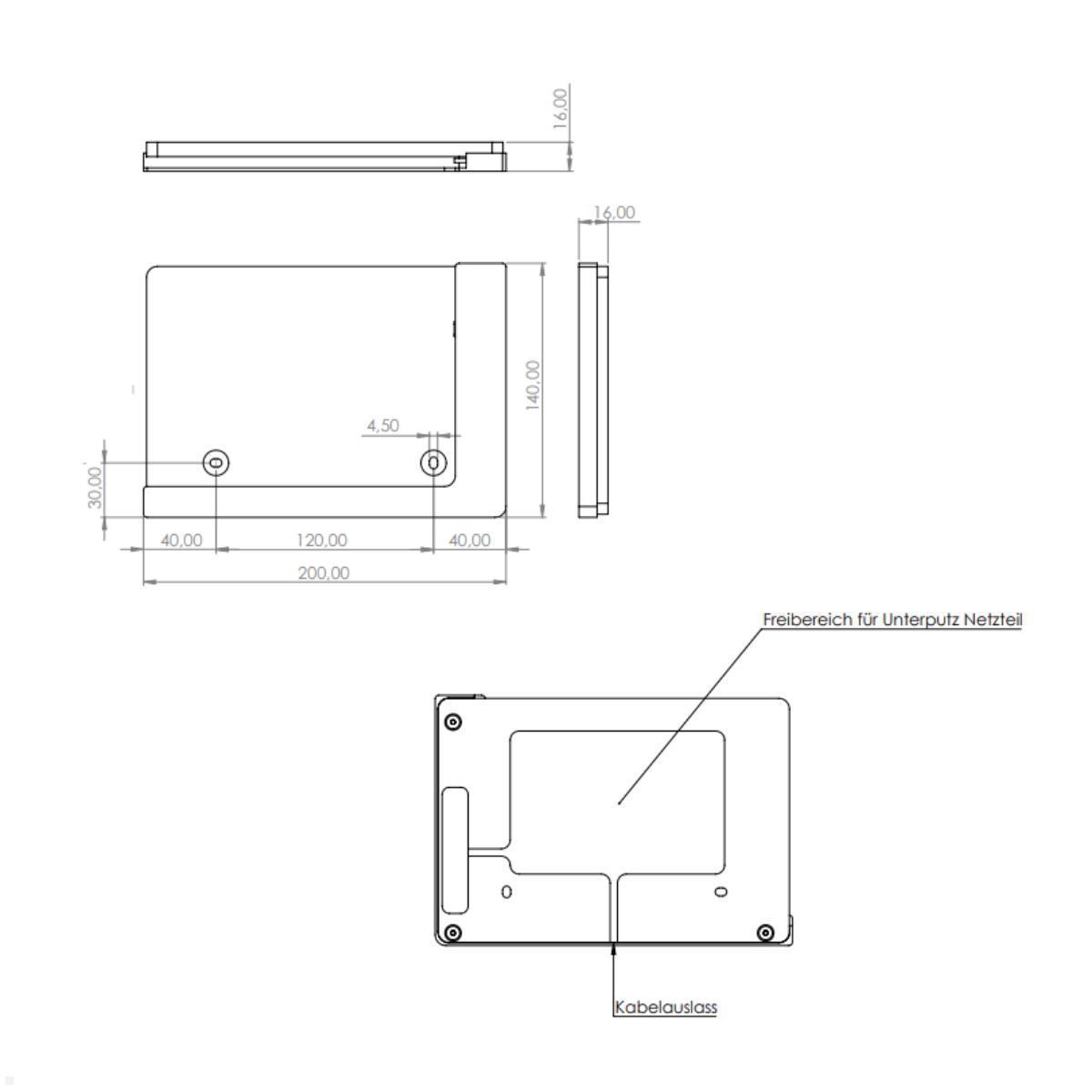 TabLines TWP030W Wandhalterung für Samsung Tab S9+ 12.4, weiß, Zeichnung Maße ohne Tablet