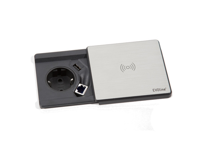 EVOline Square80 Qi-Version 1x Schuko, USB, CAT6 Buchse Edelstahl