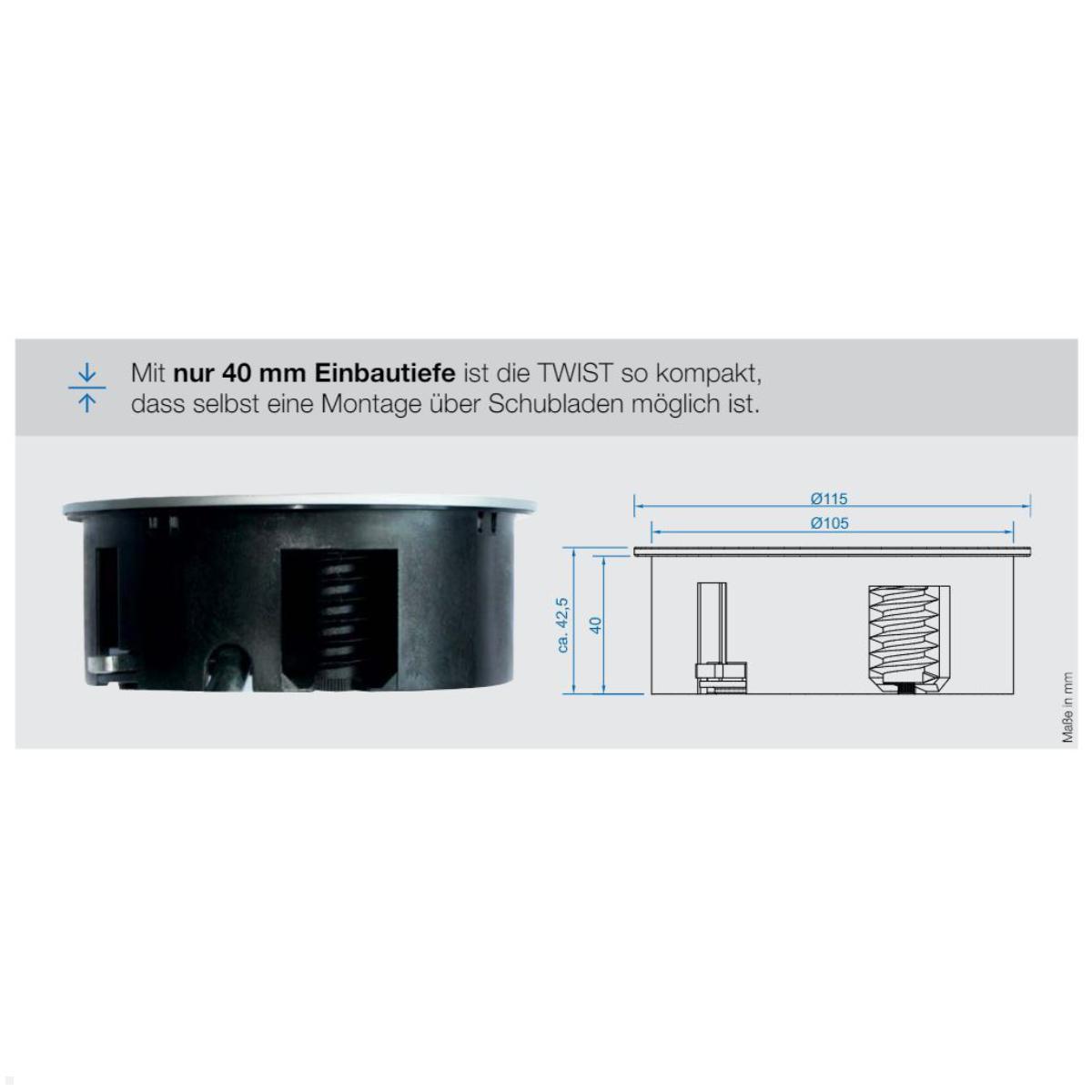 Bachmann TWIST 2 2x FR Steckdose UTE, rund (946.002) Edelstahl-Optik, Zeichnung Maße