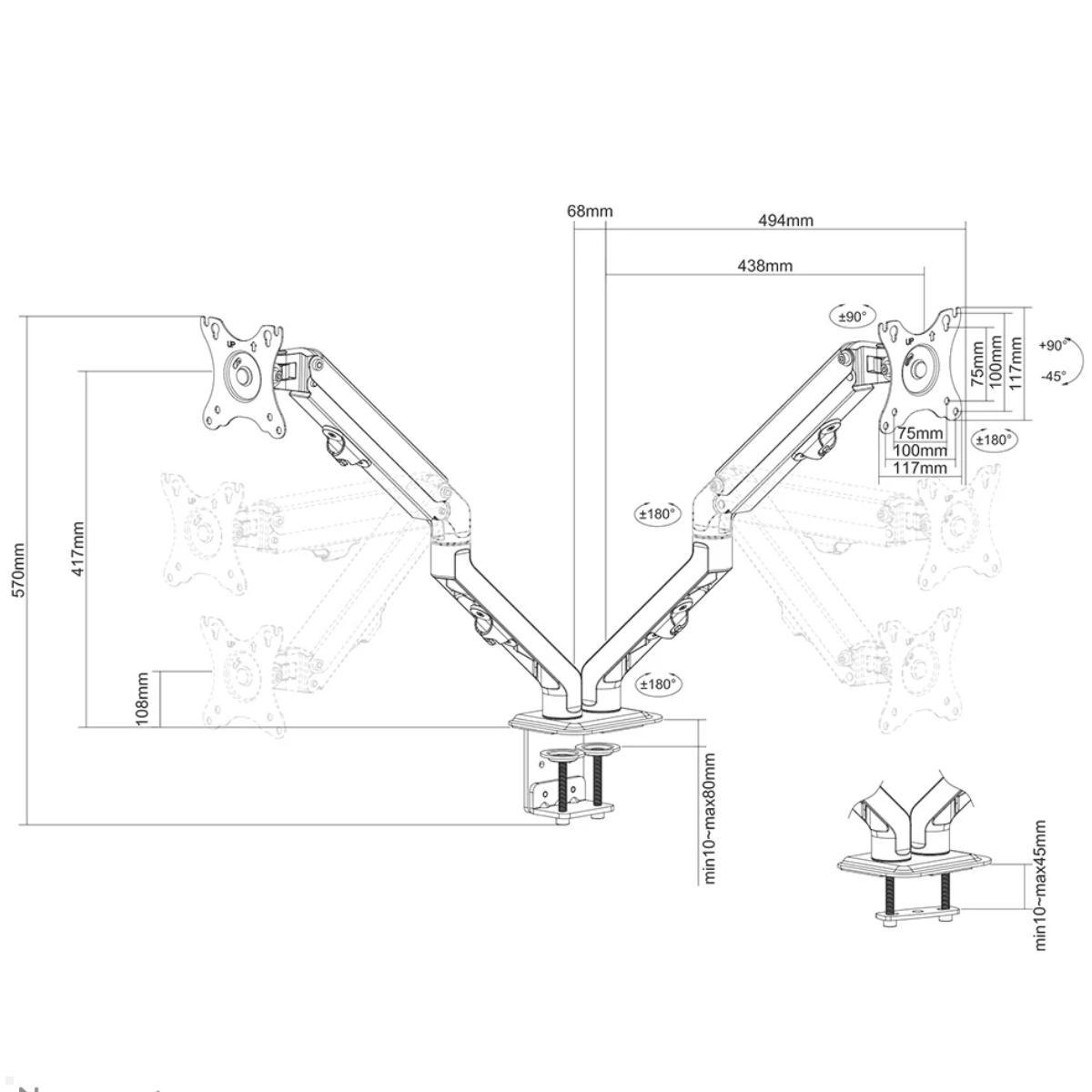 Neomounts FPMA-D650DBLACK Monitorhalterung für 2 Monitore bis 27 Zoll, technische Zeichnung