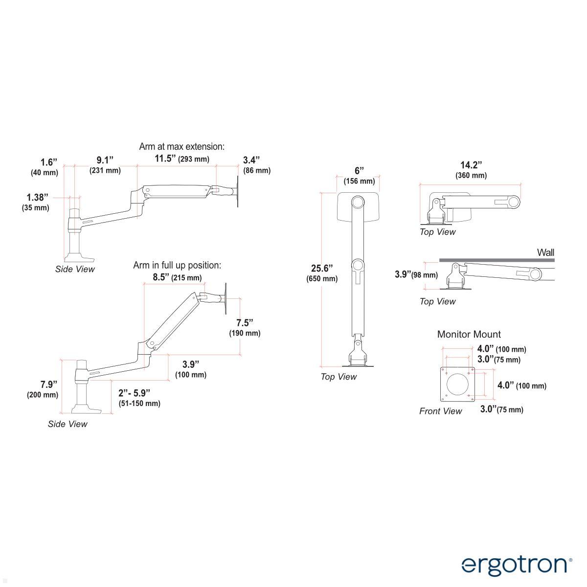 Ergotron LX Laptop Tischhalterung schwenkbar (45-241-026 + 50-193-200), silber technische Zeichnung Arm