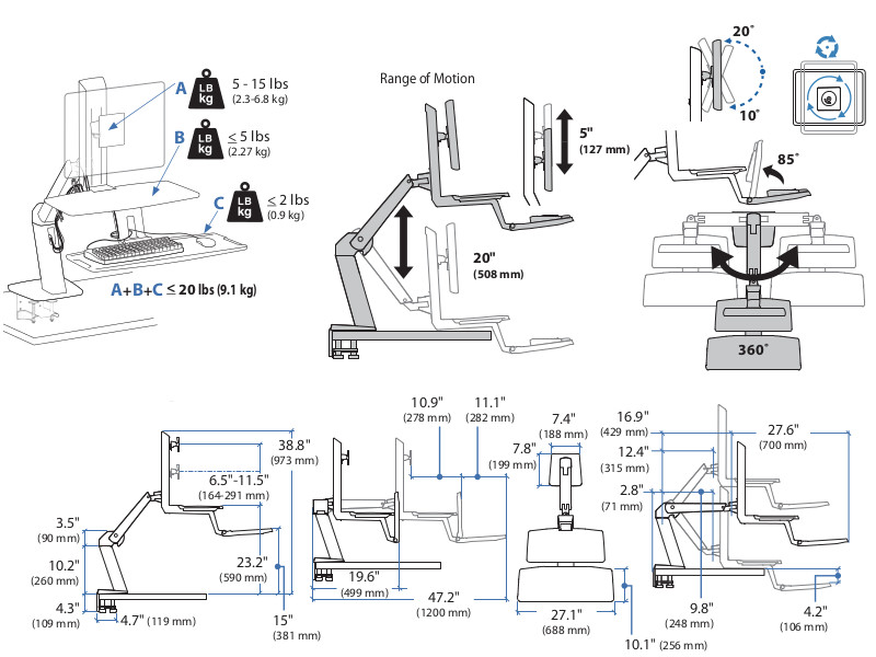 Ergotron WorkFit-A 24-390-026 Monitorhalterung Maße