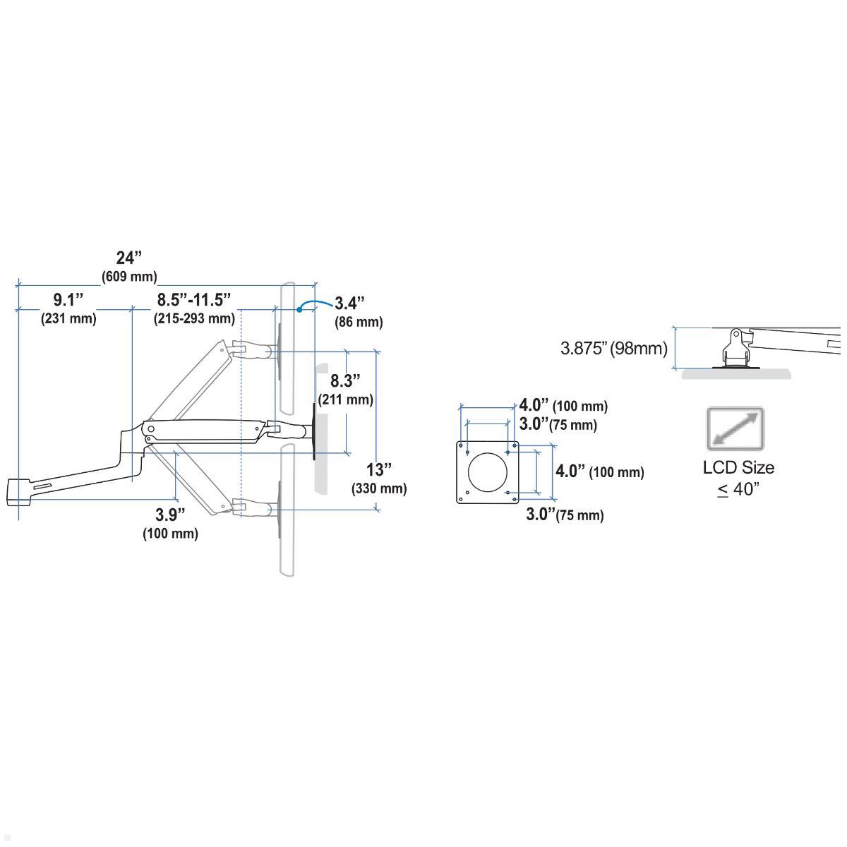 Ergotron LX Zubehör Erweiterung Monitorarm, schwarz (98-130-224), technische Zeichnung