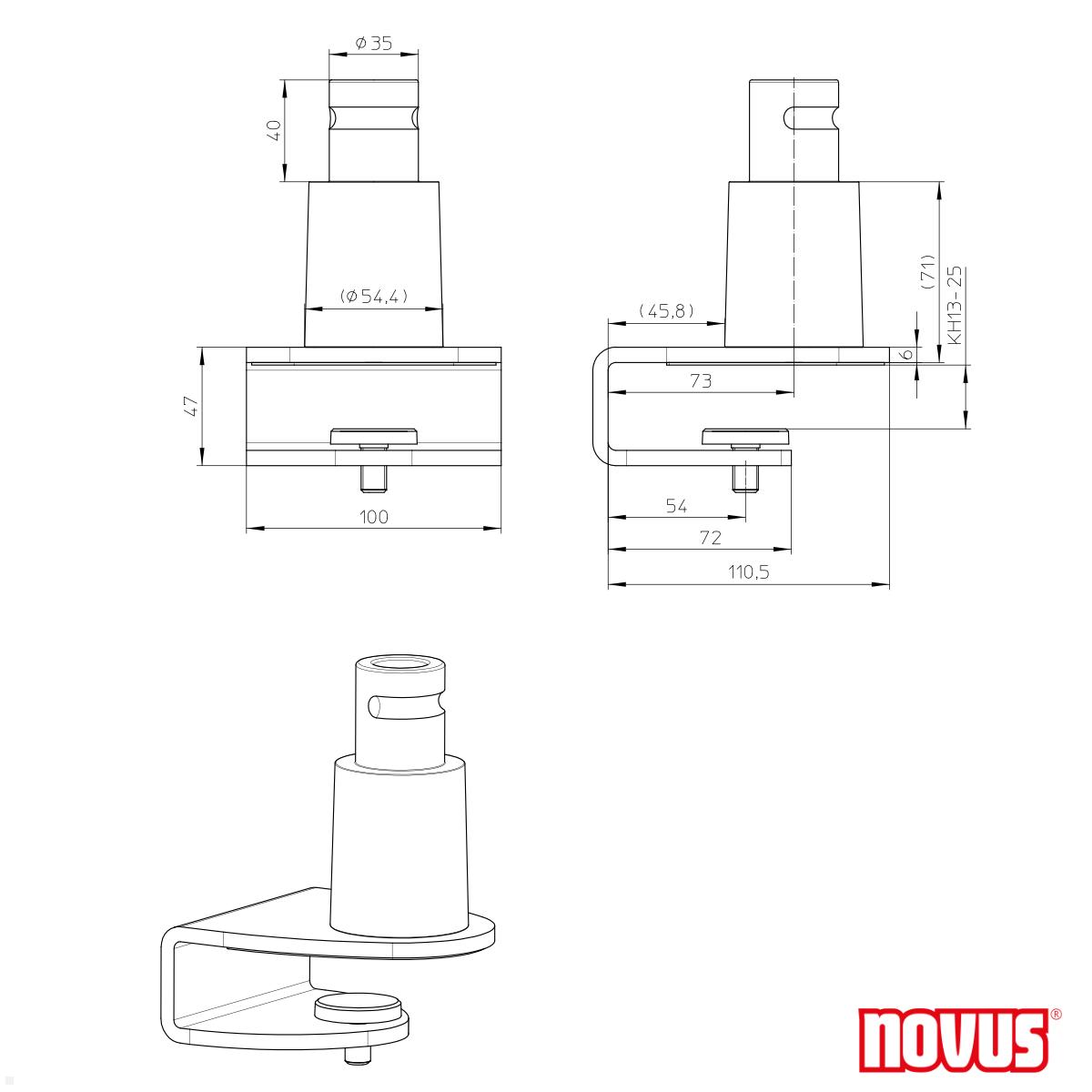 Novus Clu Plus Zubehör Tischklemme KH 13-25mm (899+0021+000), weiß, technische Zeichnung