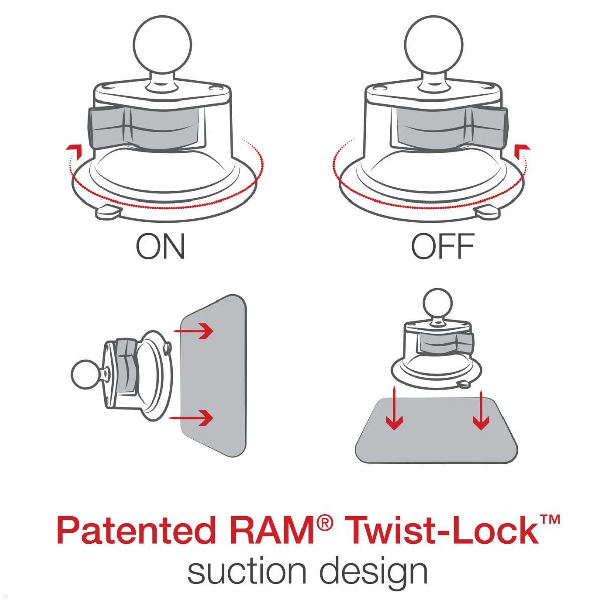 RAM Mounts Drehverschluss Saugnapf Halterung mit B-Kugel (RAM-B-224-1U), schwarz, Funktionsweise