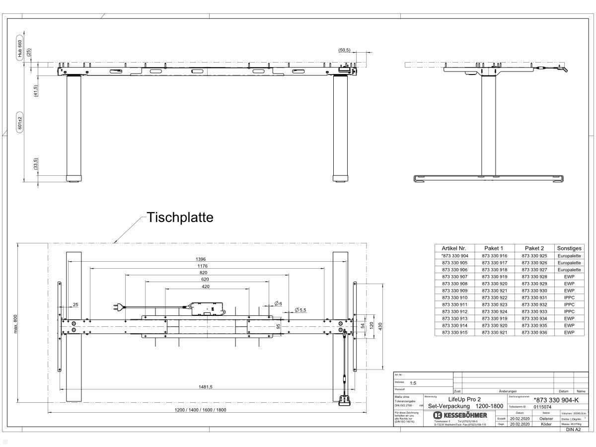 TecLines TST-1406B Steh Sitz Schreibtisch 1400x800 mm, Eiche/schwarz, technische Zeichnung