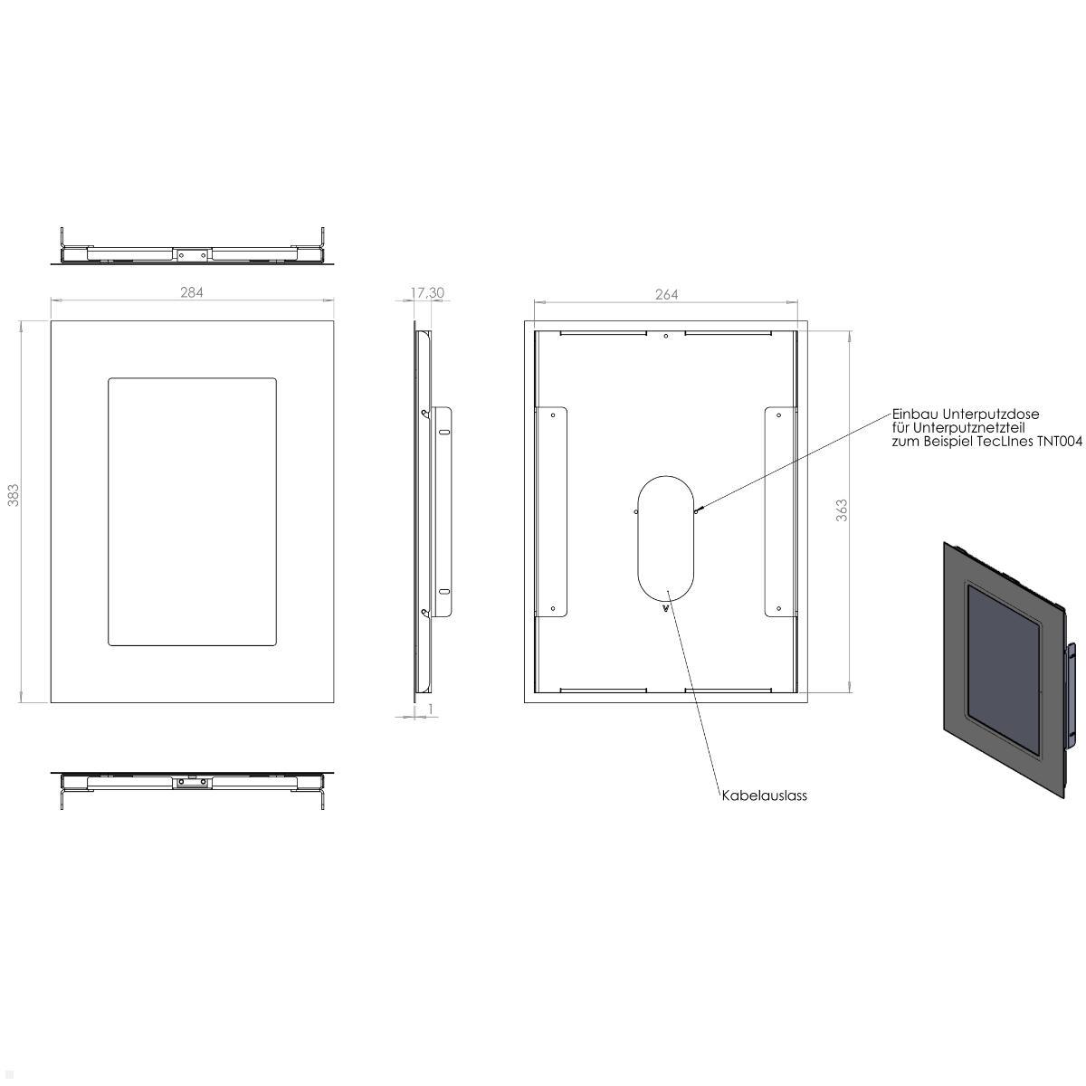 TabLines TWE124W Tablet Wandeinbau für Samsung Tab S10+ 12.4, weiß, technische Zeichnung