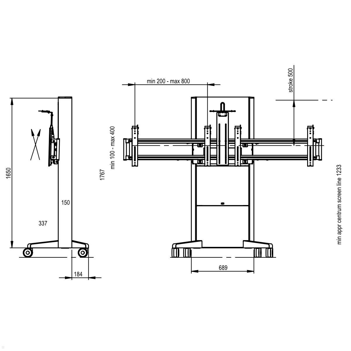 SMS Presence Mobiler elektrischer Monitorständer für 2 Monitore, höhenverstellbar (C5-31U002-2-C-0) technische Zeichnung