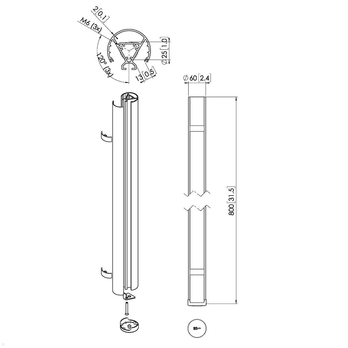 Vogels Connect-It PUC 2408 - 80 cm Säule für Deckenhalterung, silber, Zeichnung Maße