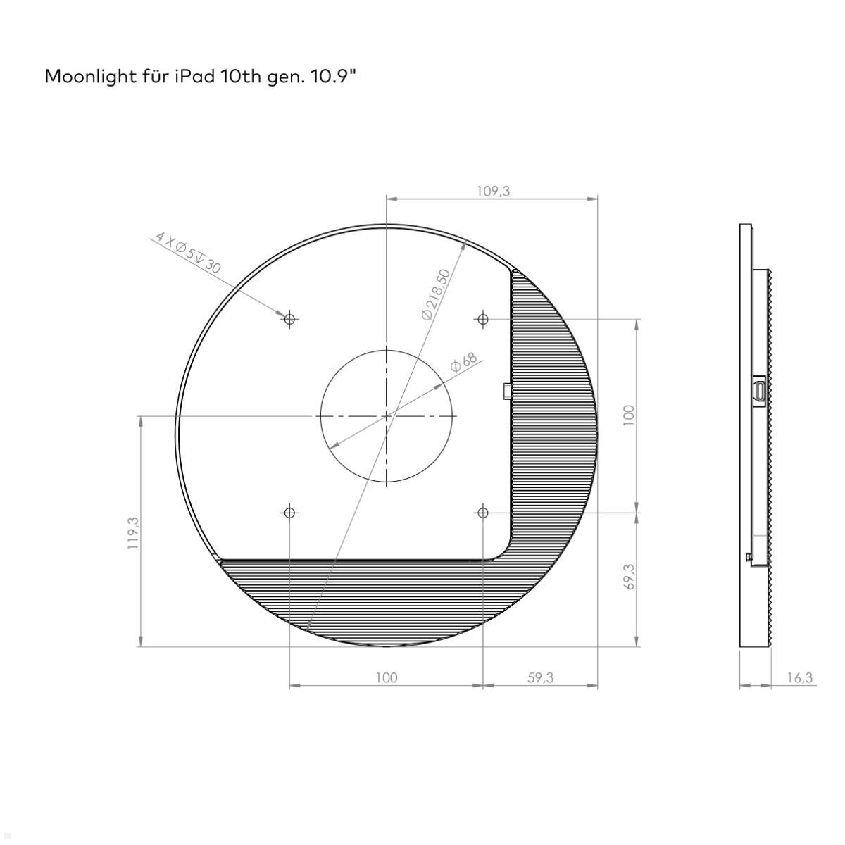 Displine Moonlight Wall Apple iPad 10.9 (10.Gen) Wandhalter USB-C, titanium eloxiert, technische Zeichnung