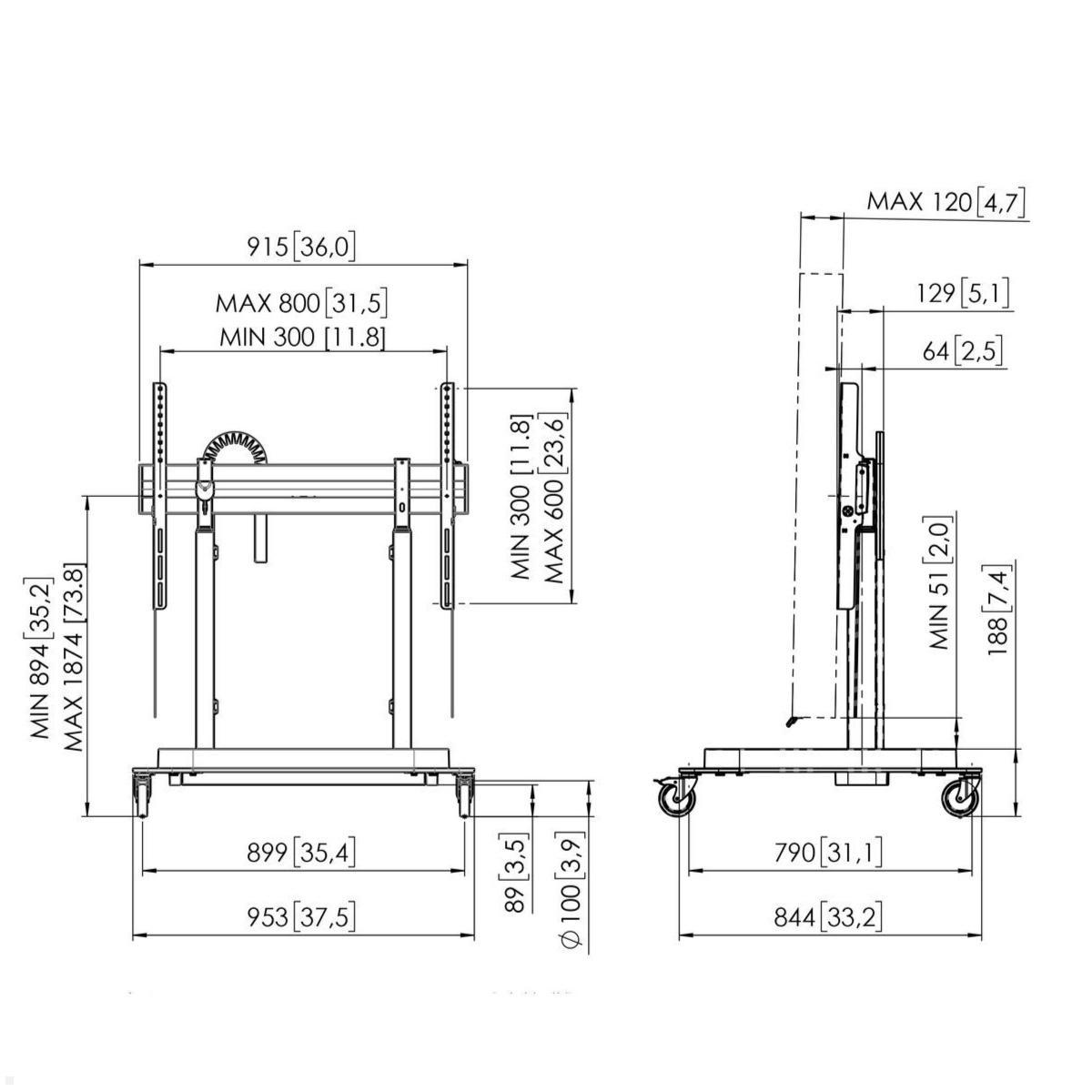 Vogels RISE 5205 mobiler elektrischer TV Ständer, 50 mm/s, Einzelrollen, technische Zeichnung