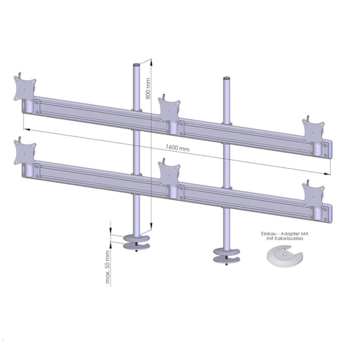 MonLines MTH207G Flat 3+3 Display Tischhalterung Einbau 25-32 Zoll, grau, Zeichnung Maße