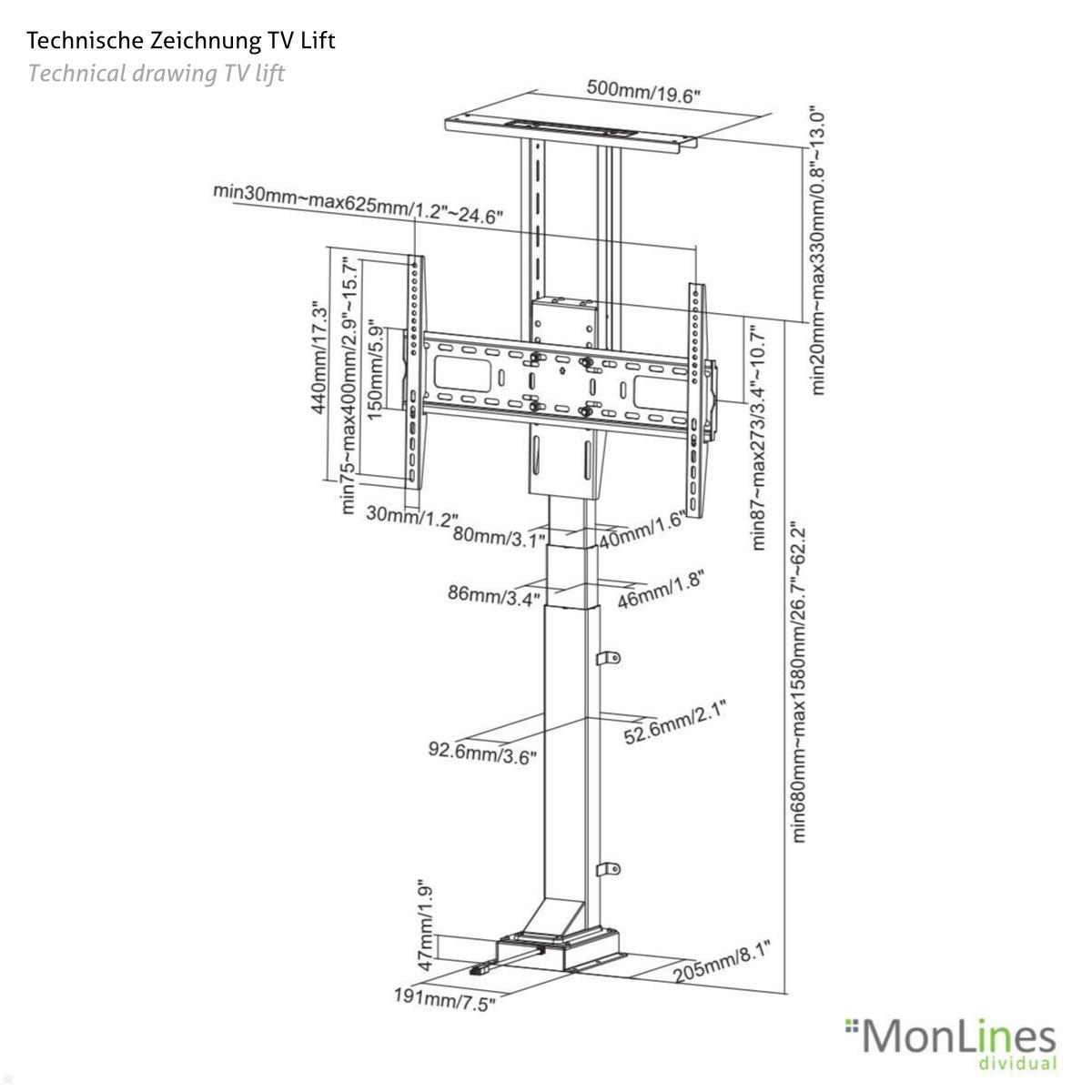 MonLines MTL003 FLYcase TV Lift im Transportcase bis 65 Zoll technische Zeichnung