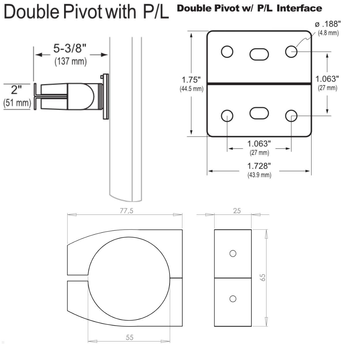 Ergotron Serie 100 Double Monitorhalterung für Rohre / Säulen 51-55 mm, technische Zeichnung