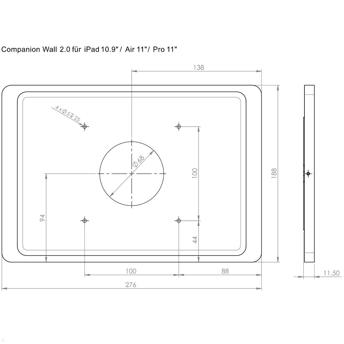 Displine Companion Wall 2.0 Wandhalter für Apple iPad 10.9 / 11, anthrazit, technische Zeichnung