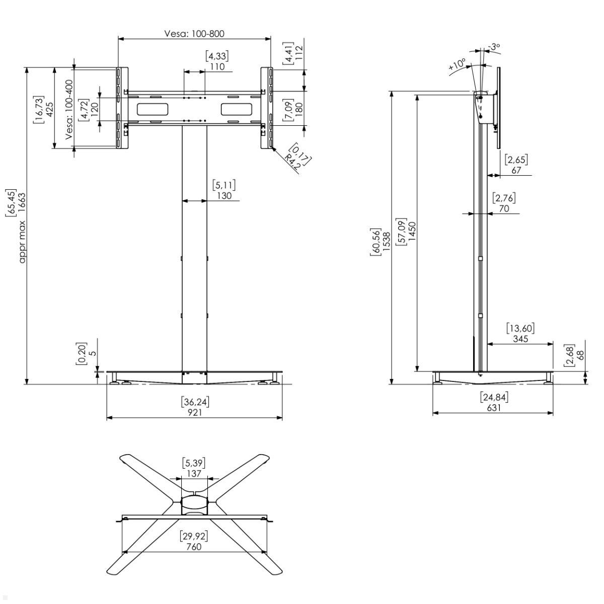 SMS Icon FH T 1450 Monitorständer bis 75 Zoll, schwarz (K12-030-1), technische Zeichnung