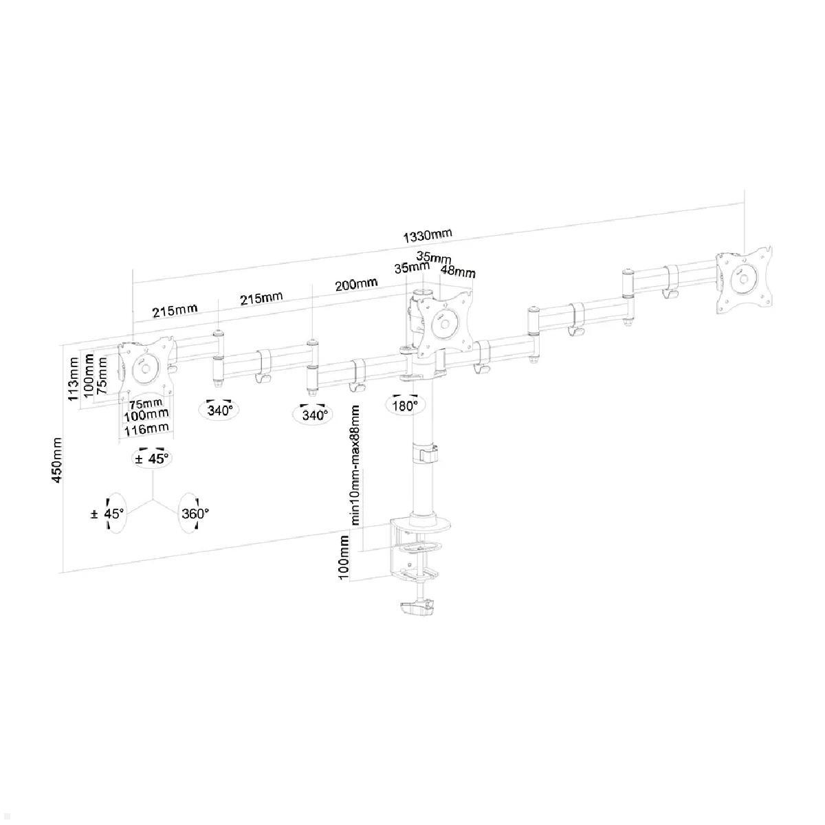 Neomounts NM-D135D3 NeoMounts 3-fach Monitor Tischhalter, Technische Zeichnung