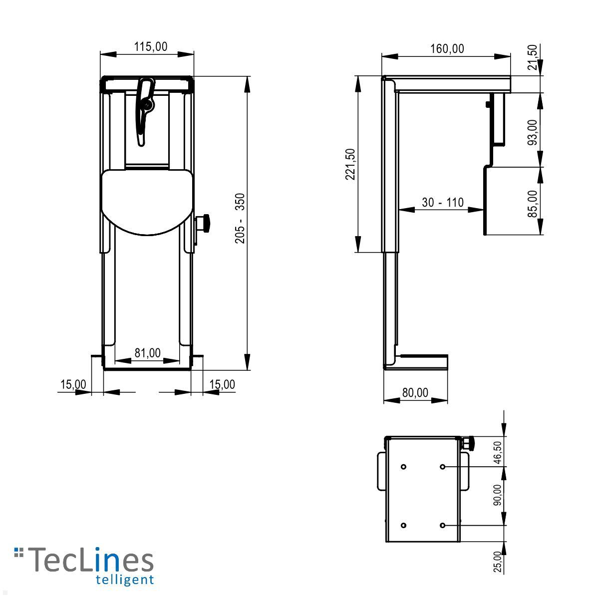 TecLines TPH002W Thin Client PC Halterung Untertisch 30-110 mm, weiß technische Zeichnung