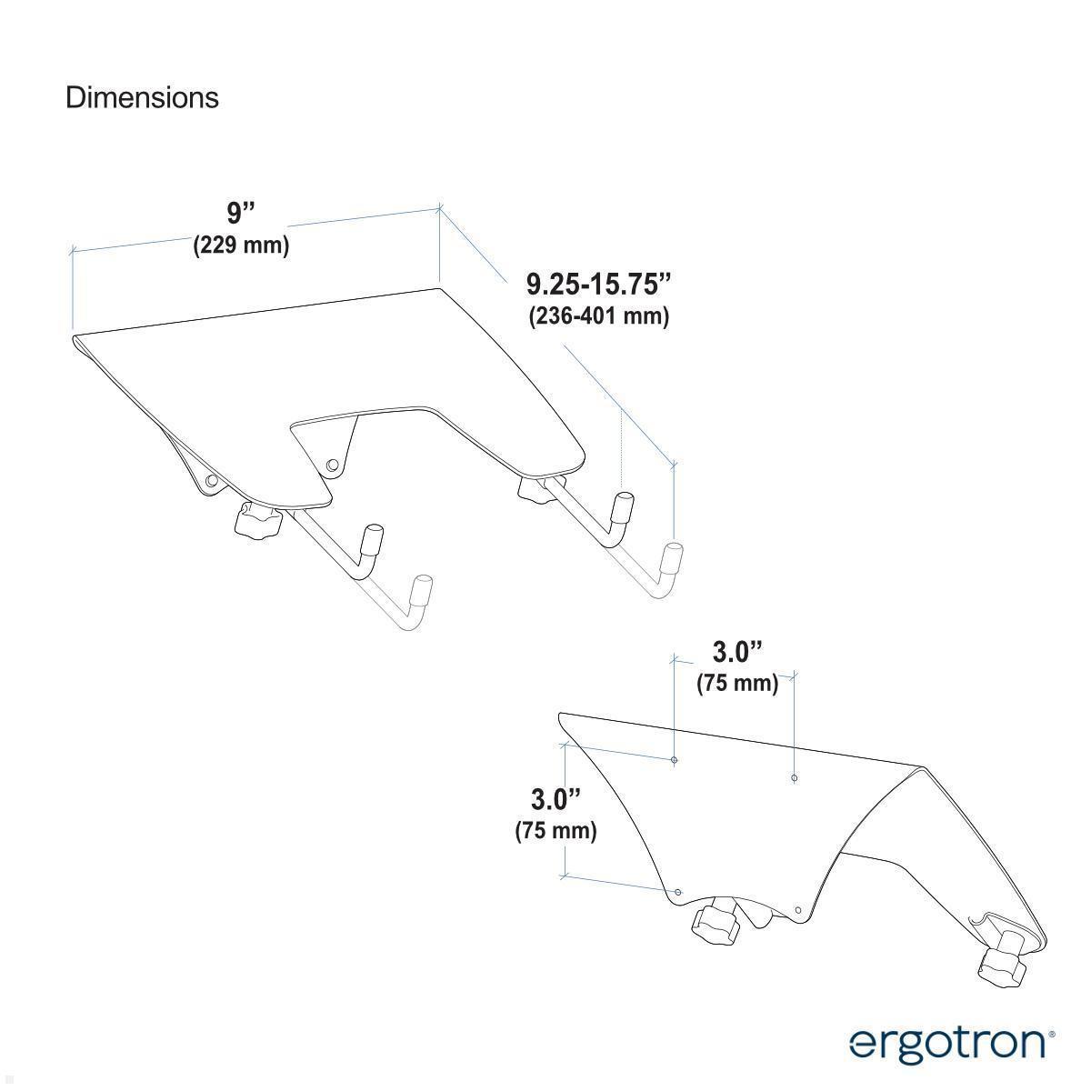 Ergotron LX Laptop Tischhalterung schwenkbar (45-241-026 + 50-193-200), silber technische Zeichnung Notebook Ablage