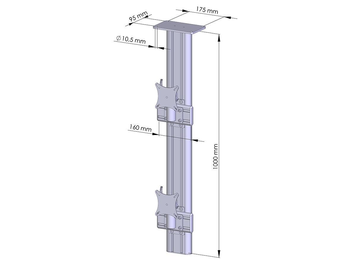 MonLines MDH203G Flat 2-fach vertikal Monitor Deckenhalter Alu 25-30 Zoll, grau technische Zeichnung