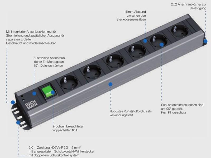 Bachmann Handwerkerleiste 12x Steckdose, 1 Schalter (300.005) optionale Funktionen