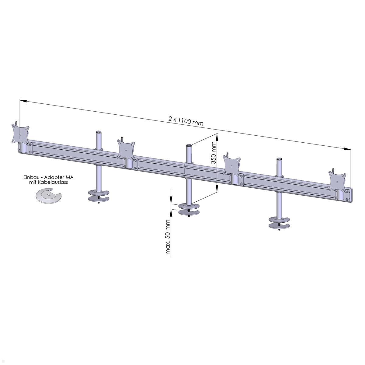 MonLines MTH214G Flat 4er Monitor Tischhalterung Einbau bis 32 Zoll, grau, Zeichnung Maße