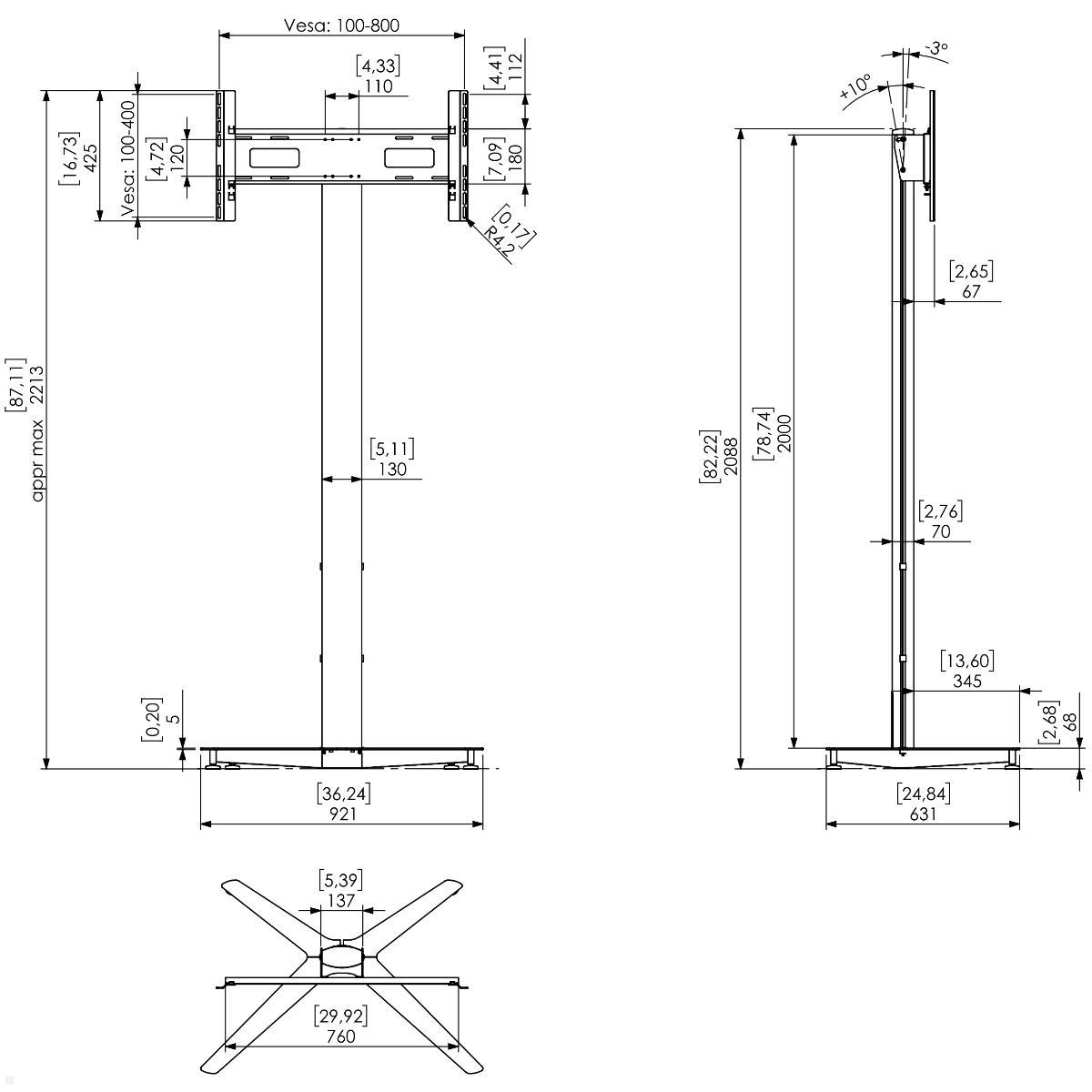 SMS Icon FH T 2000 Monitorständer bis 75 Zoll, silber (K12-032-7), technische Zeichnung