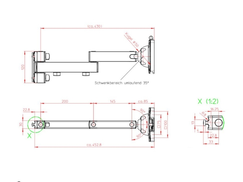 Novus TSS Faltarm II PM für Alu Profile (964+0119+010) Maße