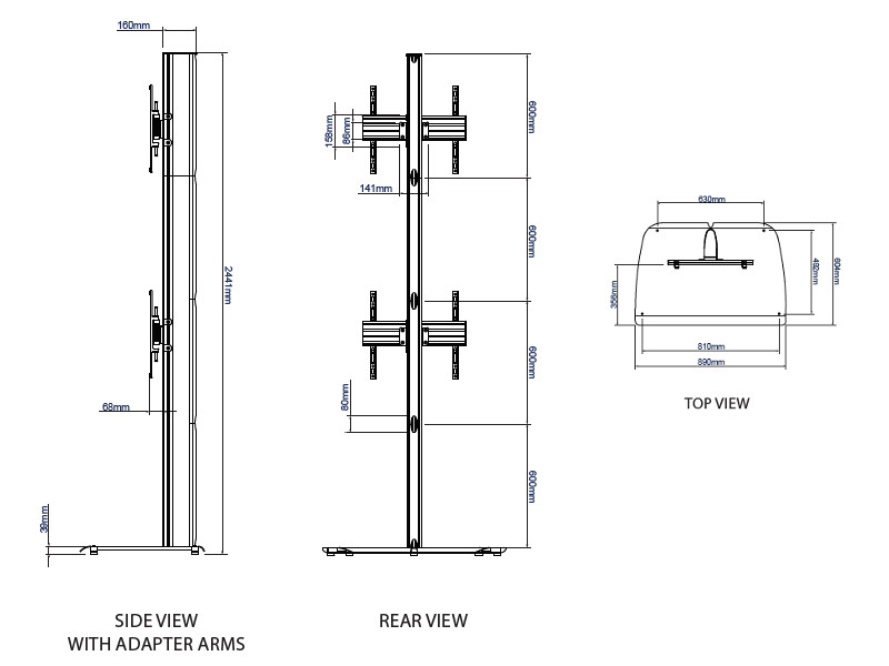 B-Tech BTF842/BS System X Dual Monitorständer Hochformat Maße side