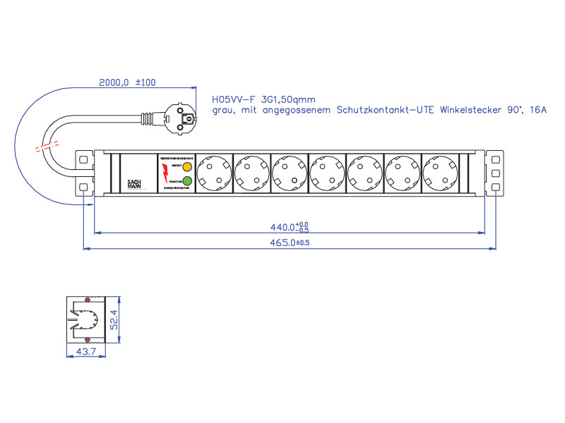 Bachmann IT PDU Steckdosenleiste 7x Schuko ÜSS PVC 333.604 Maße