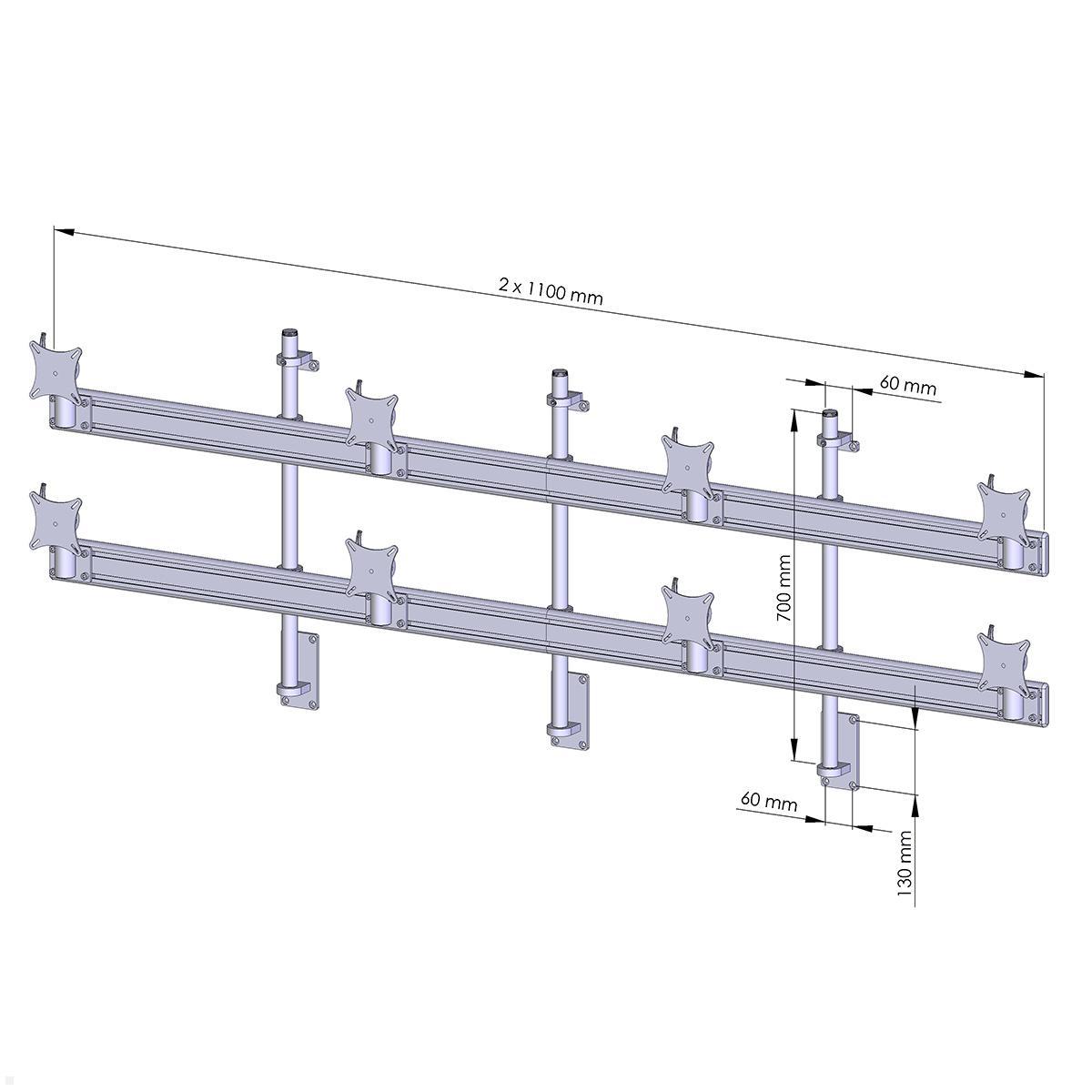 MonLines MWH218G Flat 4+4 Monitor Wandhalterung für 8 Monitore bis 32 Zoll, grau, Zeichnung Maße