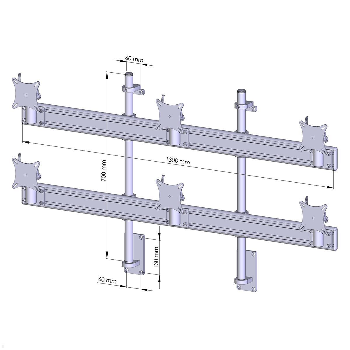 MonLines MWH217G Flat 3+3 Monitor Wandhalterung für 6 Monitore 25-32 Zoll, grau, Zeichnung Maße