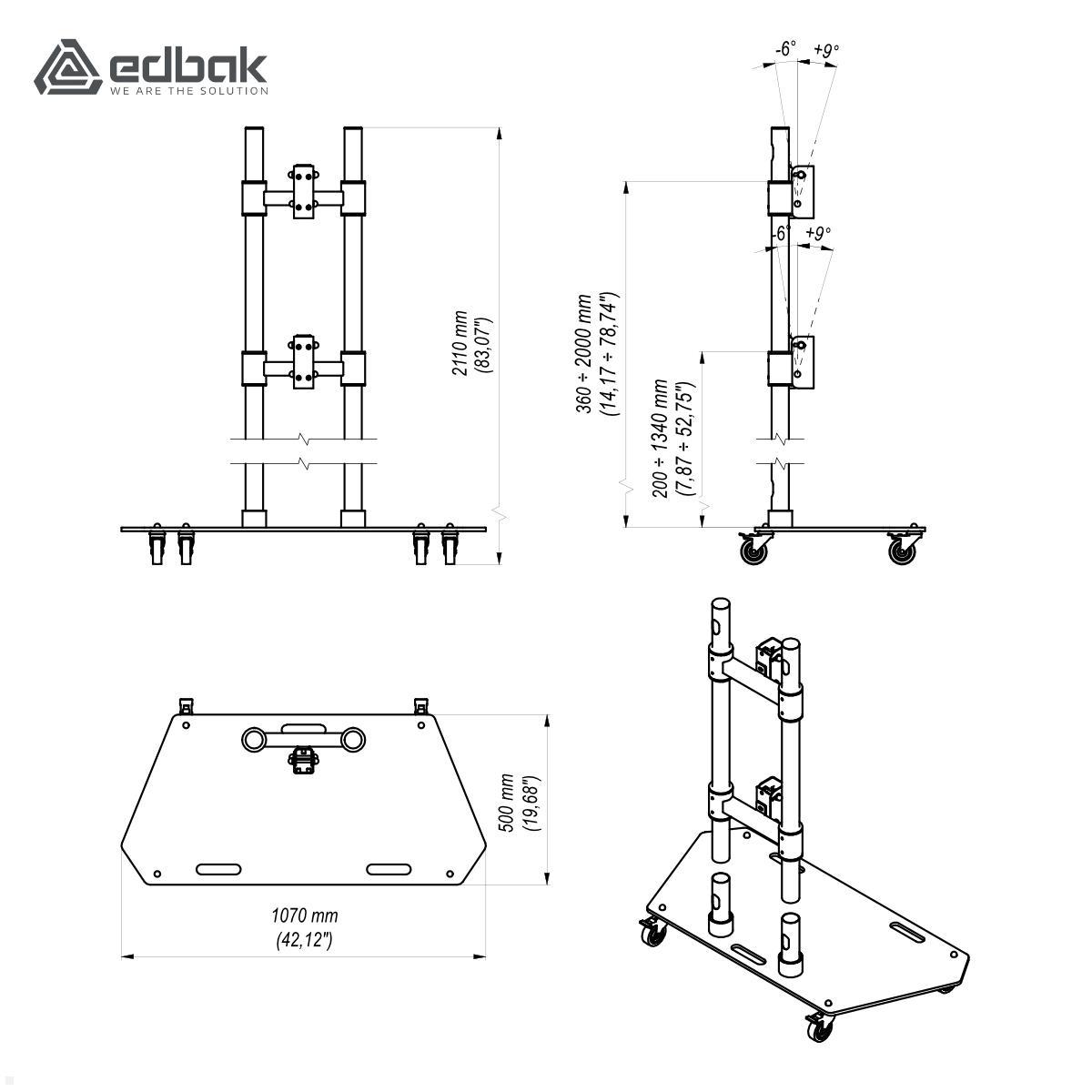 Edbak TR3 mobiler Monitorständer für 2 Displays übereinander bis 60 Zoll technische Zeichnung