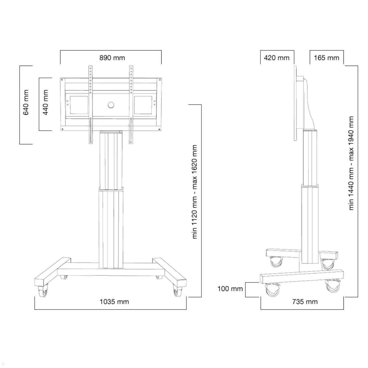 Neomounts PLASMA-M2500SILVER mobiler Flatscreen Bodenständer bis 100 Zoll, silber, Zeichnung Maße