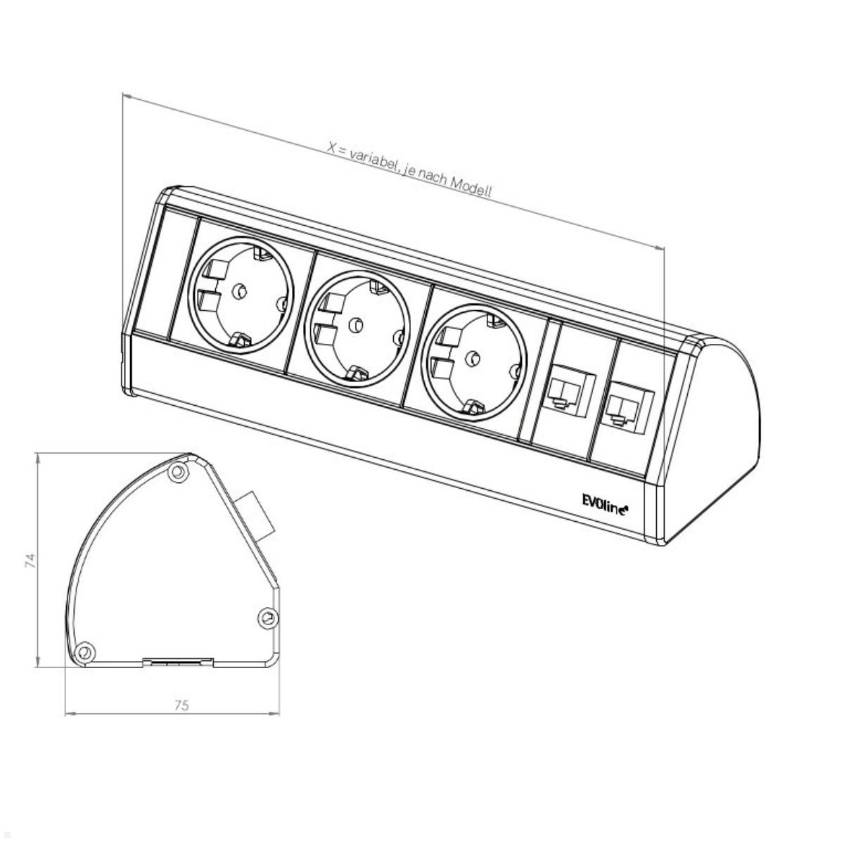 EVOline Dock Data small Tischanschlussfeld 3-fach Steckdose mit Zwinge, Skizze