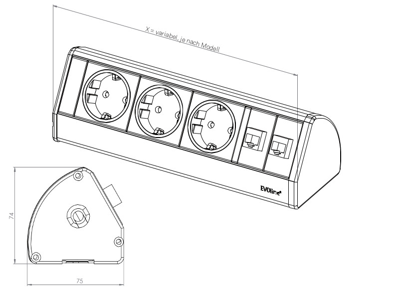 EVOline Dock Desk Data 3x Steckdose Zeichnung