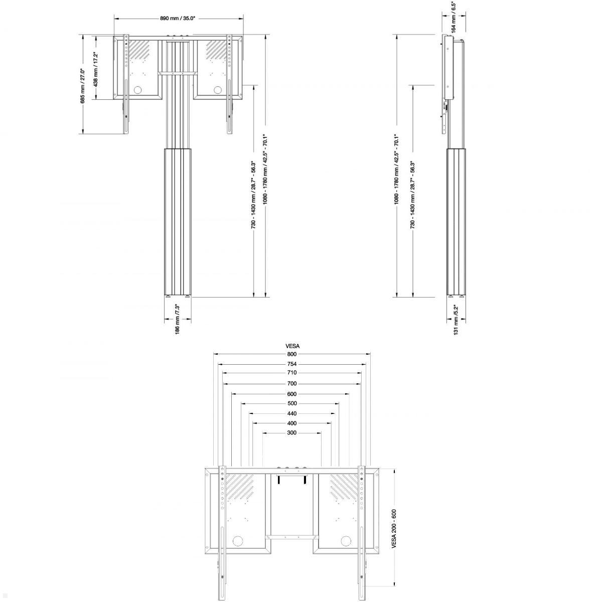 Conen Lite elektrischer TV Boden-Wandhalter 42-86 Zoll 700 mm Hub, schwarz, technische Zeichnung