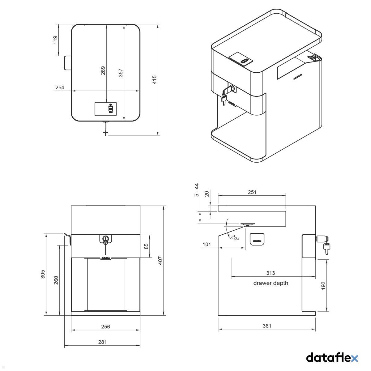 Dataflex Bento Desktop Locker 500 Untertisch Schrank mit Tischklemme (45.500), weiß technische Zeichnung