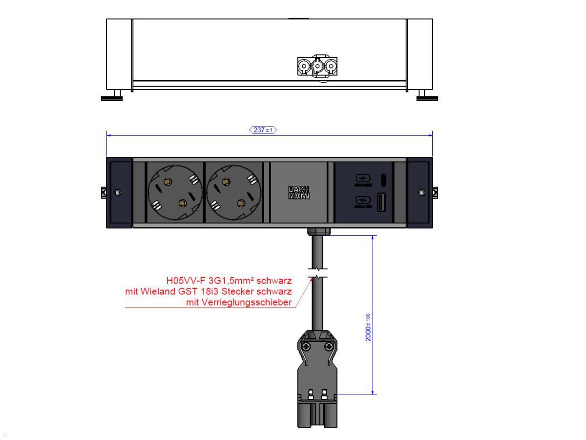 Bachmann DESK RAIL, 2x Steckdose, 1 USB-C / 1 USB-A Charger (941.301), techn.Zeichnung 1