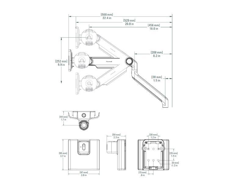 Humanscale M2.1 Monitor Wandhalterung schräg schwarz (M21HMBBTB) Technische Zeichnung