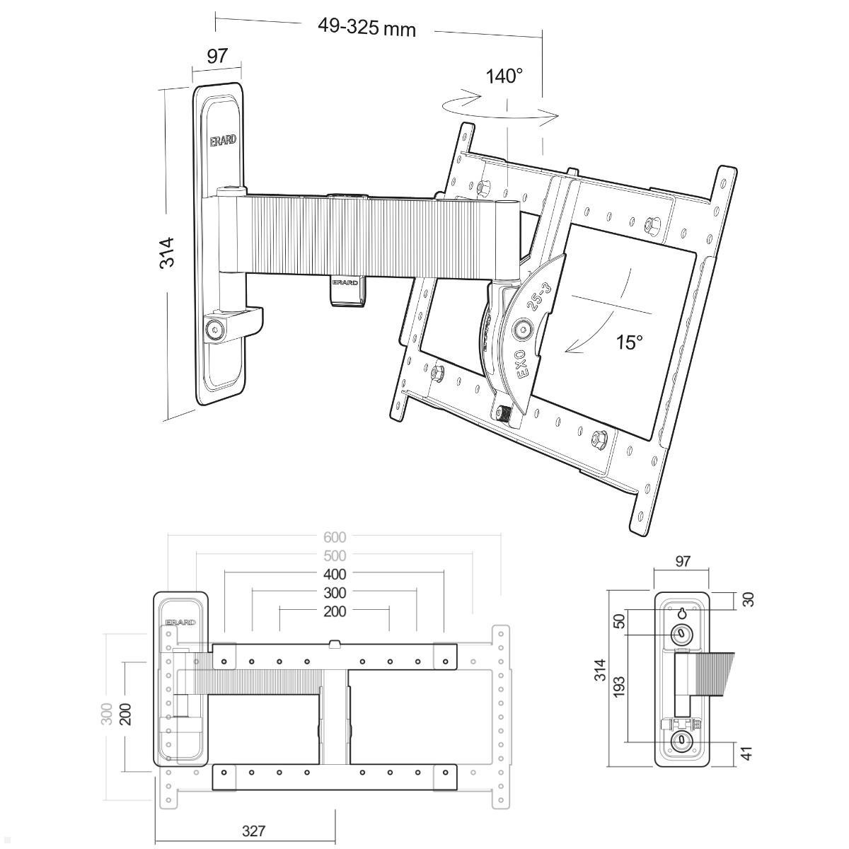 Erard EXO OLEDTW2 schwenkbare TV Wandhalterung 40 - 85 Zoll, schwarz, technische Zeichnung