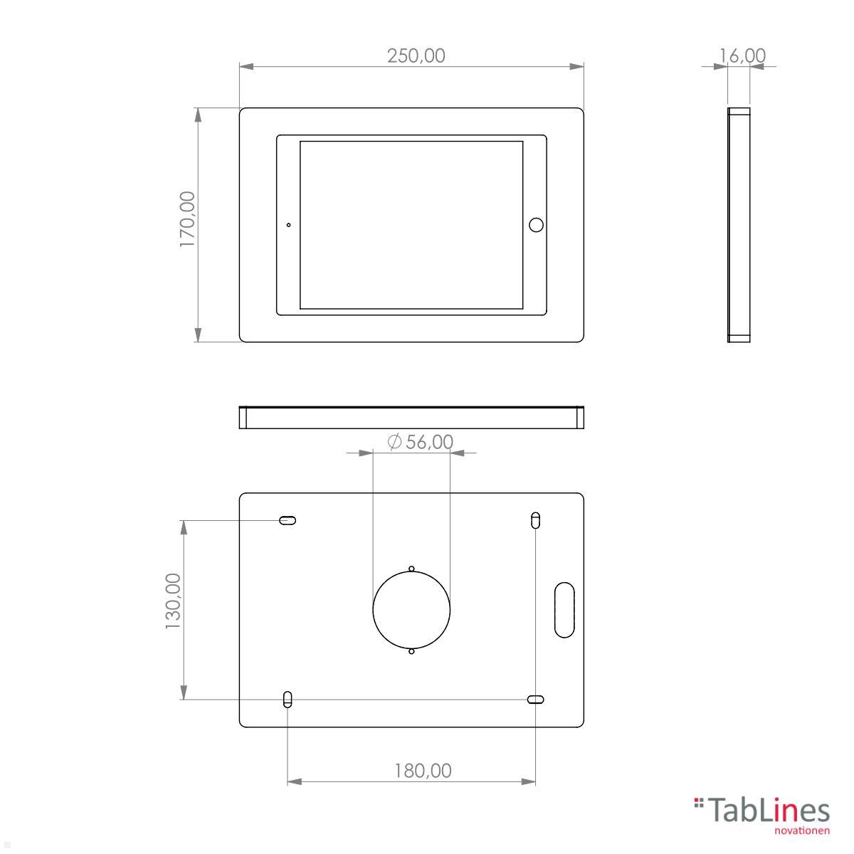 TabLines TWH047S Tablet Wandhalterung für Apple iPad Mini 1/2/3, silber technische Zeichnung