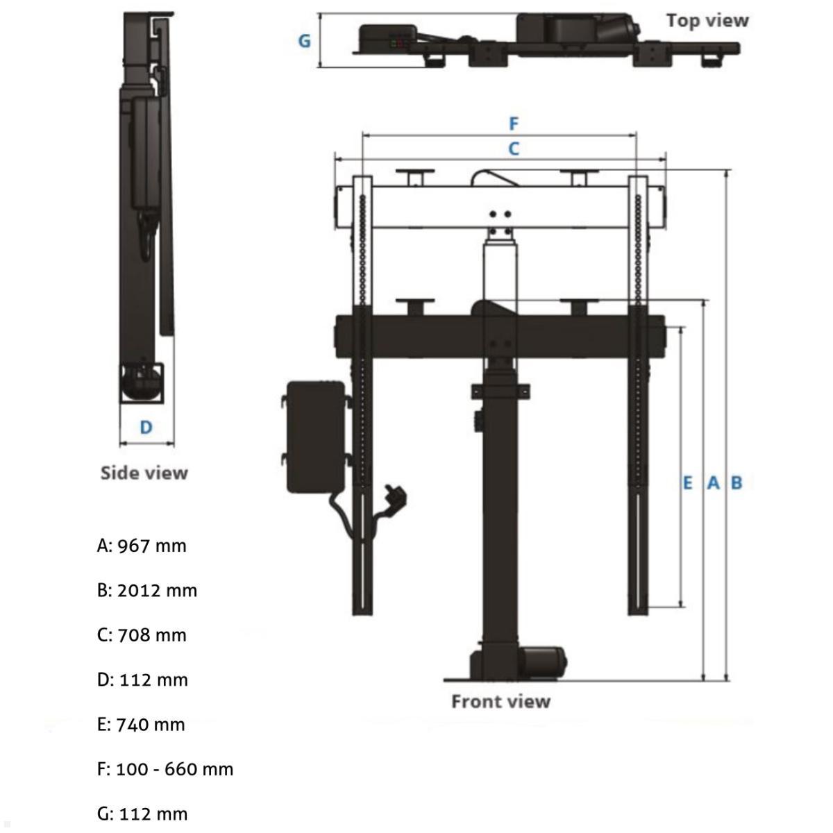 MonLines MLS012BSV Einbau TV Lift bis 75 Zoll, drehbar 225L / 90R, 1045 mm Hub, technische Zeichnung