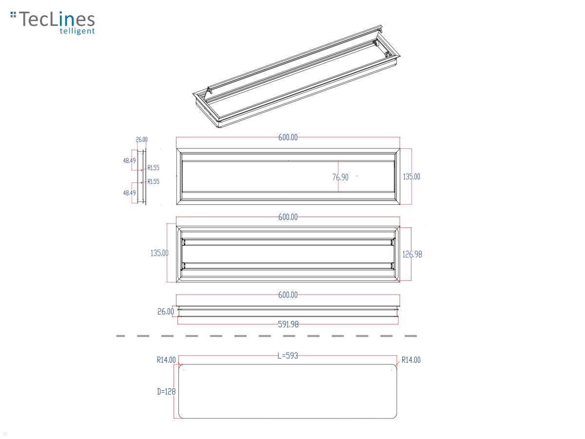 TecLines TKD010B Tisch Kabeldurchführung 135x600mm, Alu/schwarz technische Zeichnung