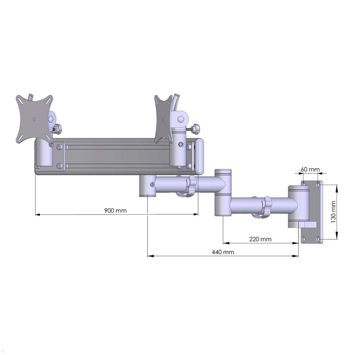 MonLines MWH229G TFT-Vario schwenkbarer Wandhalter für 2 Monitore mit Para System, grau technische Zeichnung