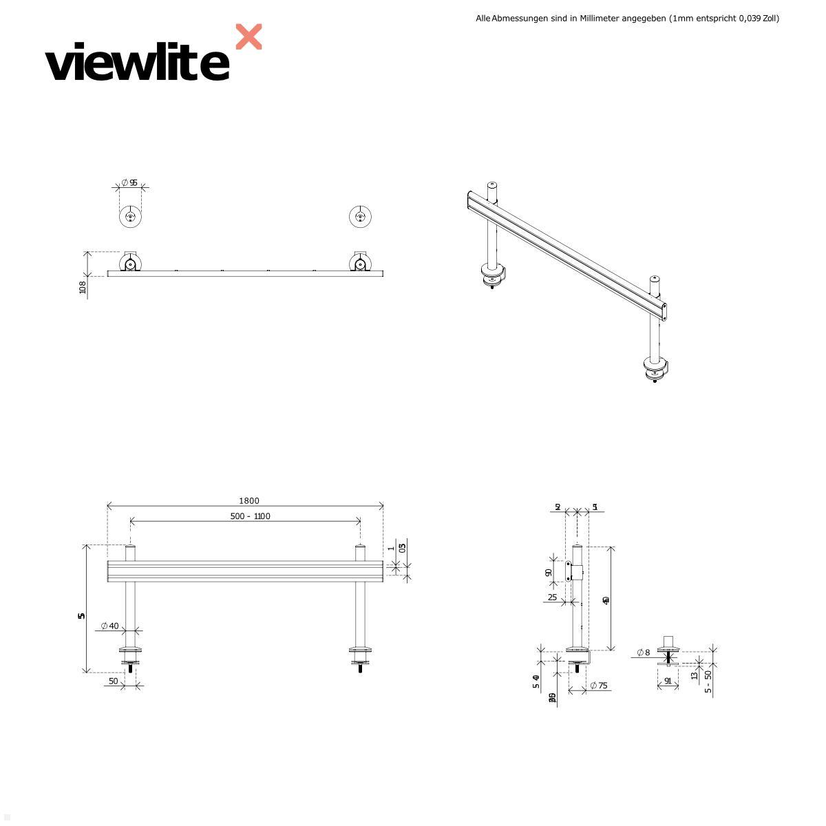 Dataflex Viewlite Schienensystem/Slatwall für den Tisch 1800mm (58.705) technische Zeichnung