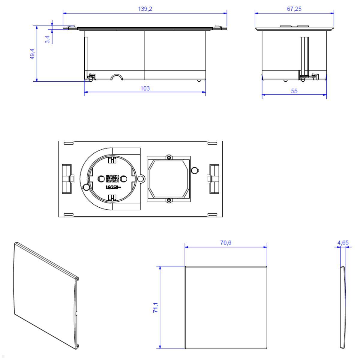 Bachmann DUE 1x Steckdose, 1x CM, Deckel, weiß (929.030DW), technische Zeichnung