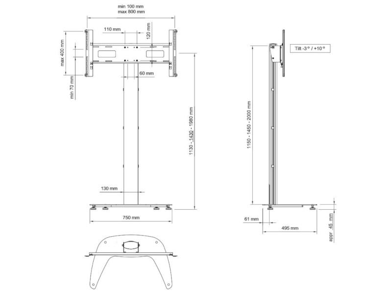 SMS Flatscreen FH T 1450 Monitorständer schwarz (PL041022EU-P0) Maße