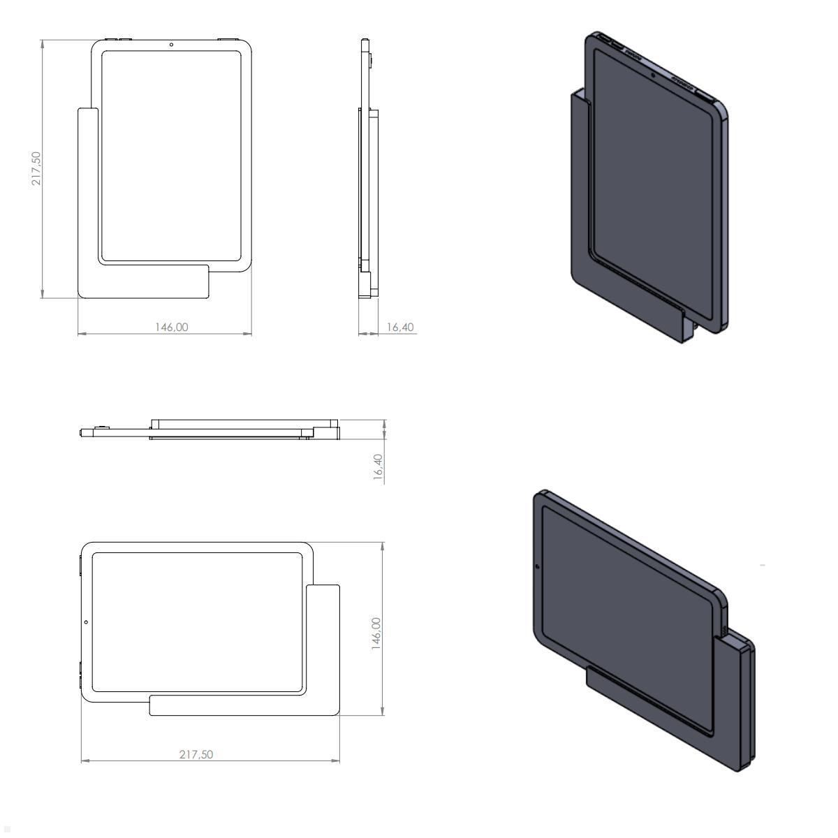 TabLines TWP019W Wandhalterung für Apple iPad Mini 6 (2021), weiß, Zeichnung Maße mit Tablet